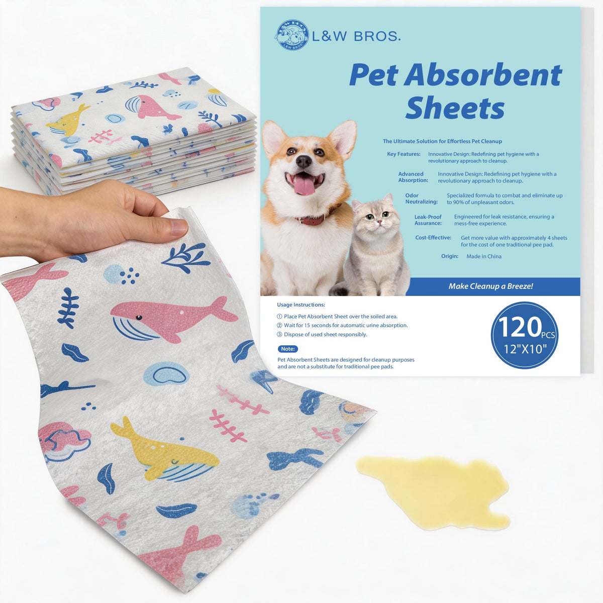 L&W BROS. Pet Absorbent Sheets, Emergency Dog Urine Cleanup Sheets for Hardwood Floors β Fast Liquid Lock & Odor Control