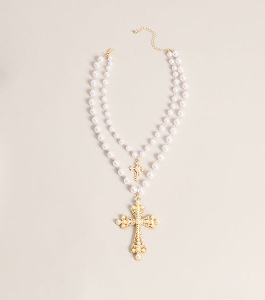 Soft Drama Faux Pearl Cross Necklace