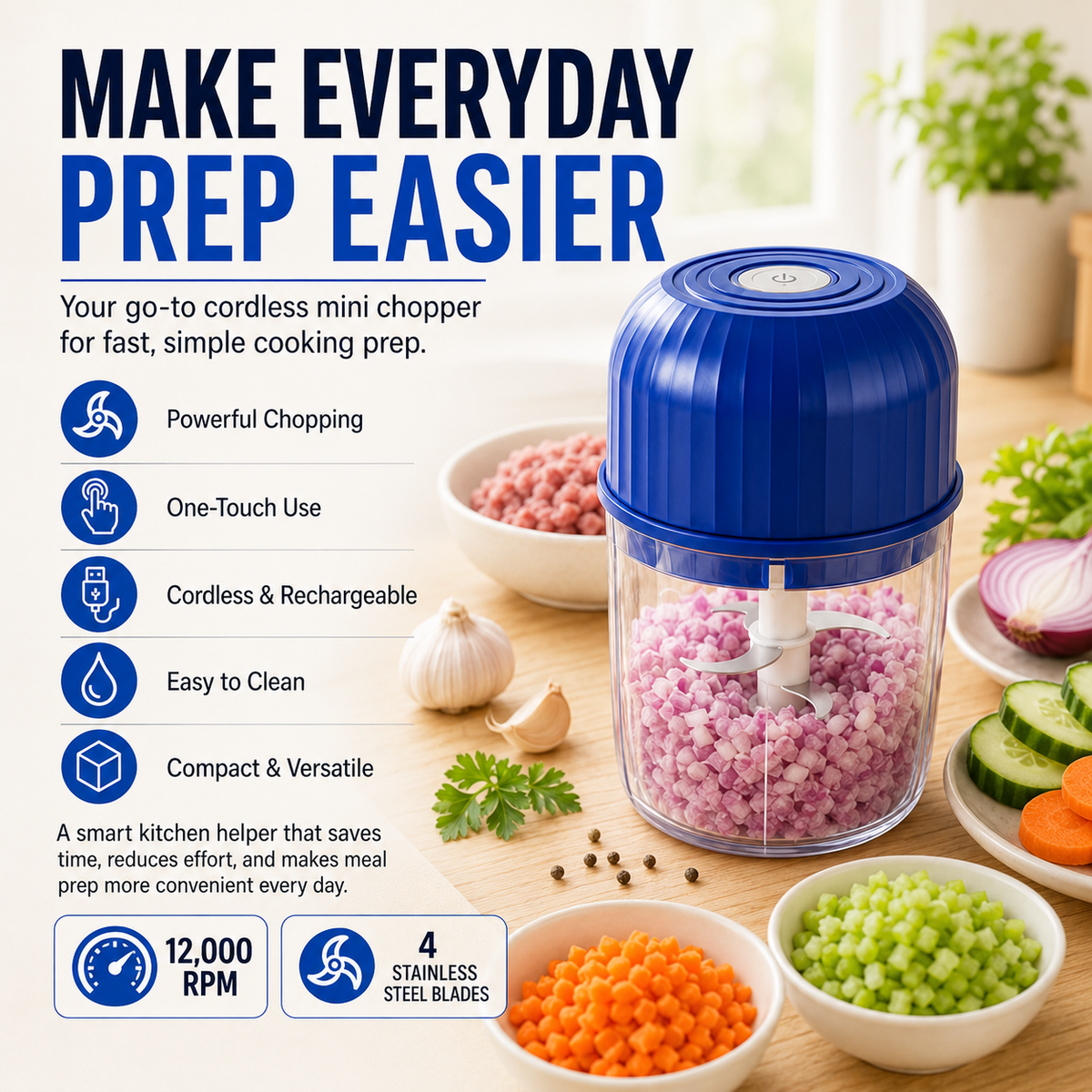🔥Last Day 50% OFF — Cordless Multifunctional Mini Chopper with 4 Sharp Blades